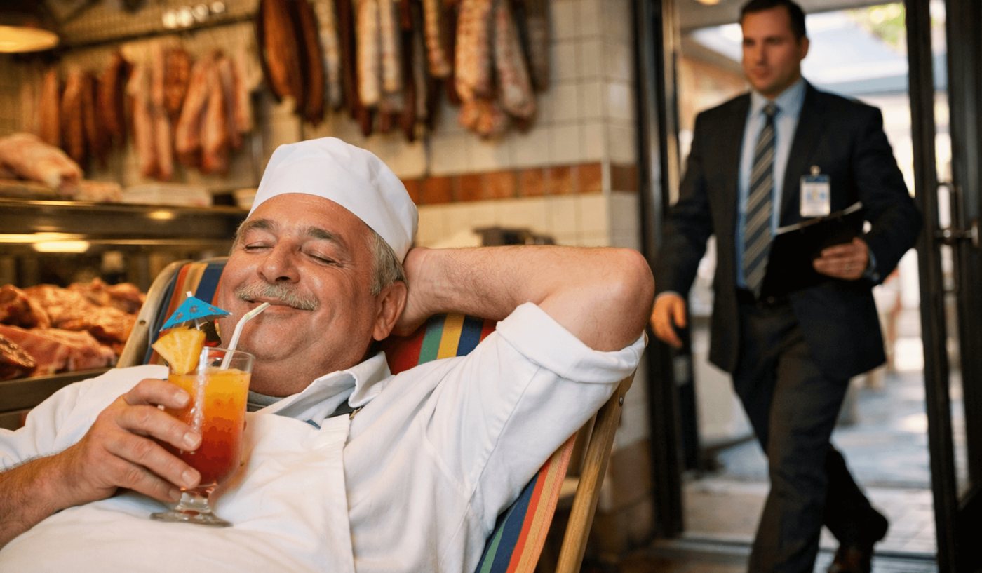 Un boucher détendu dans sa boutique pendant qu'un inspecteur franchit la porte